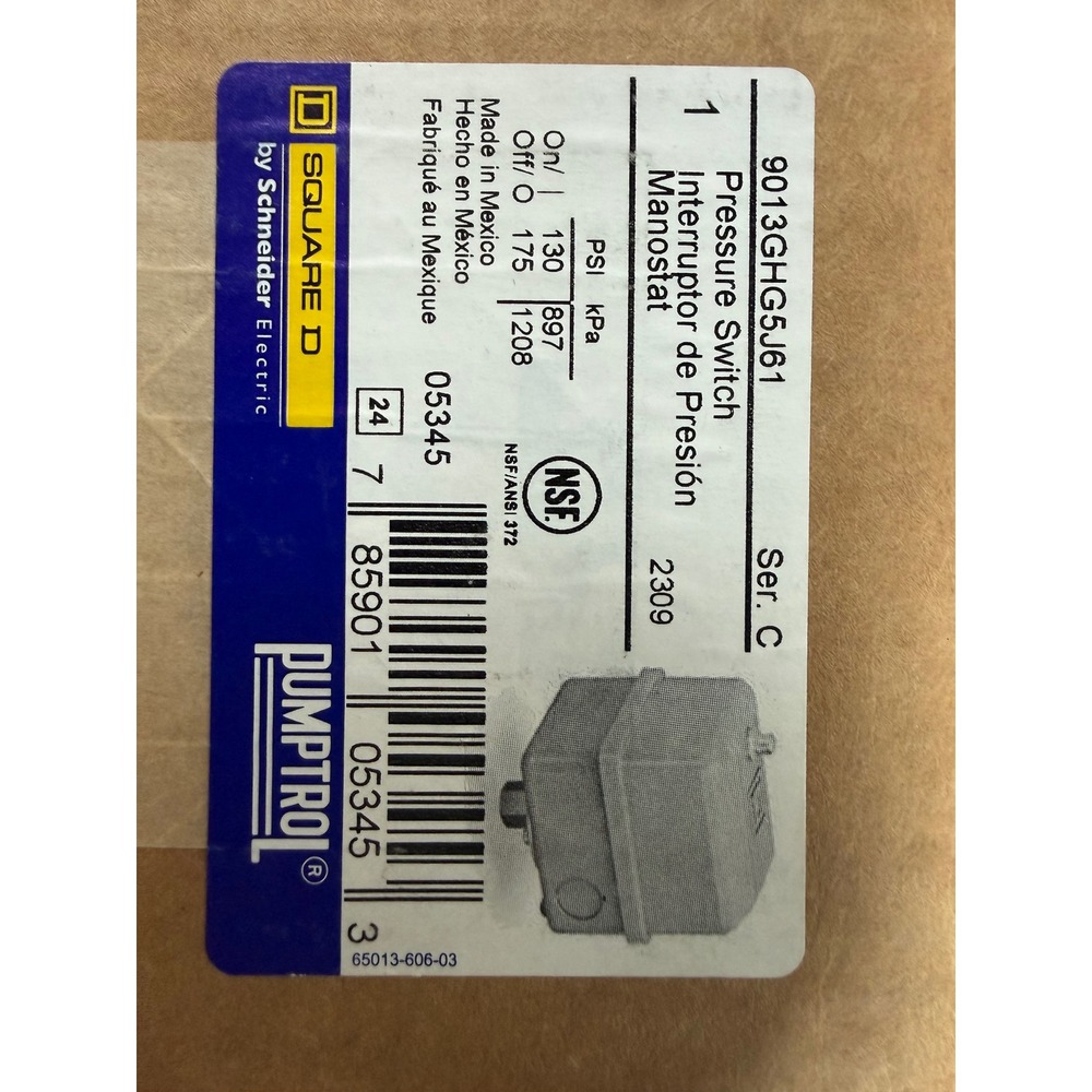 Square D Pumptrol 9013GHG5J61 Pressure Switch 130-175 PSI Schneider Electric